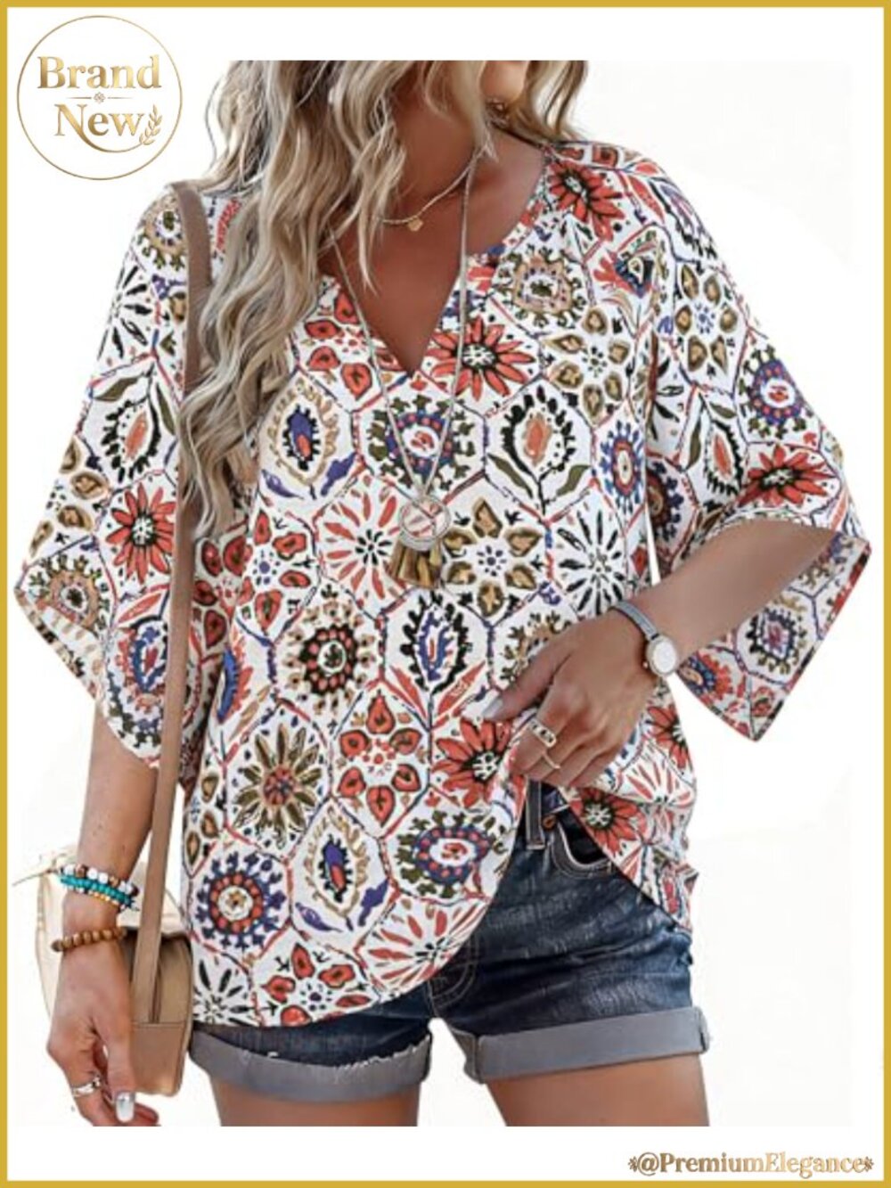 Women's Boho Floral Tunic Blouse Cotton V Neck 3/4 Sleeve Peasant Top